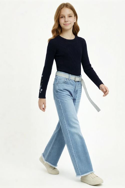 Kız Çocuk Taş Süsleme Kemerli- Destroy Paçalı-Jean Pantolon 10-14 Yaş 12544