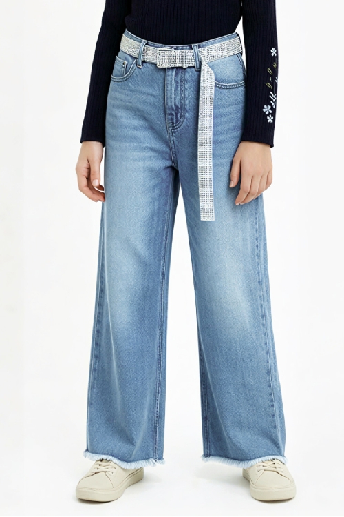 Kız Çocuk Taş Süsleme Kemerli- Destroy Paçalı-Jean Pantolon 10-14 Yaş 12544