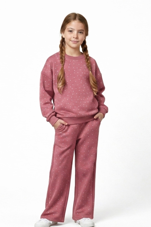 Kız Çocuk Taş Süslemeli 2 İplik Alt-Üst Takım 4-12 Yaş 12514