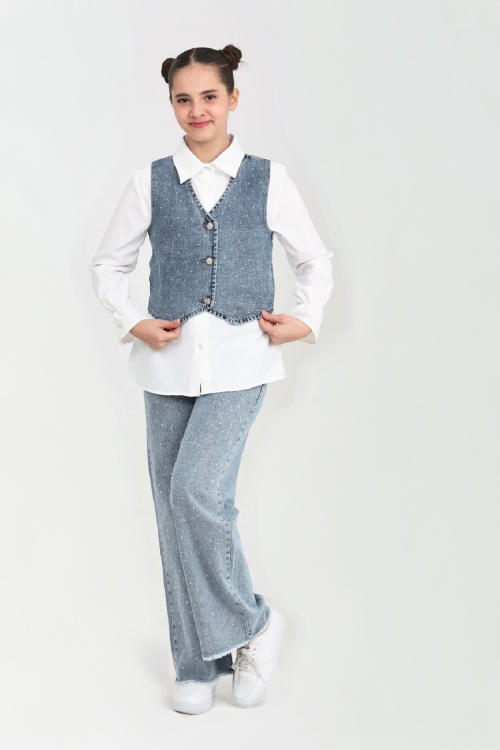 Kız Çocuk Taş Süslemeli 3lü Jean Takım 5-15 Yaş 12495