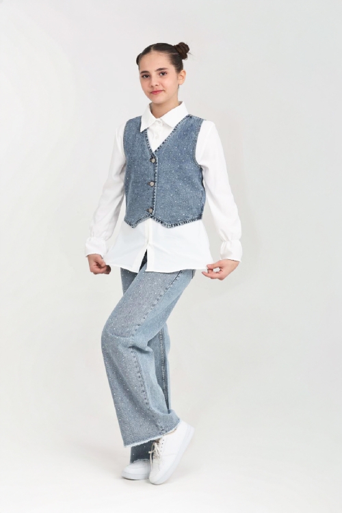 Kız Çocuk Taş Süslemeli 3lü Jean Takım 5-15 Yaş 12495