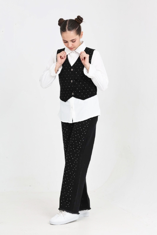 Kız Çocuk Taş Süslemeli 3lü Jean Takım 5-15 Yaş 12495