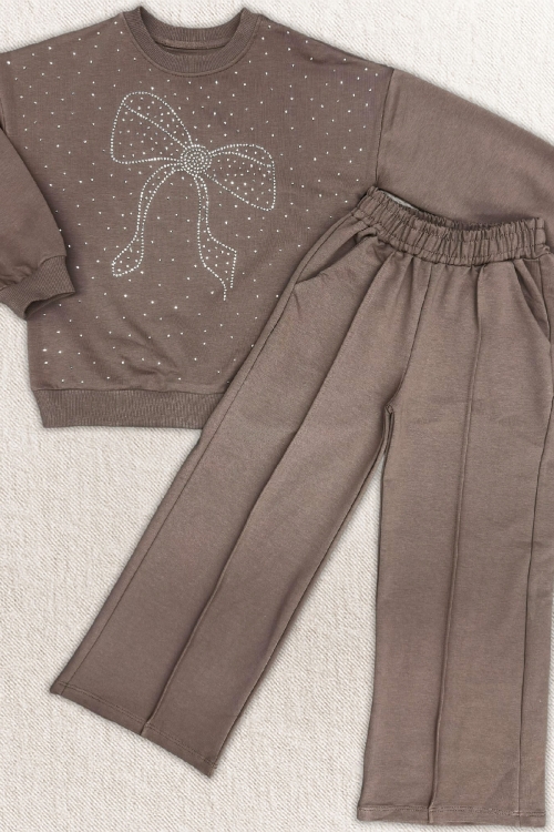 Kız Çocuk Taş Süslemeli Fiyonk Desenli 2 İplik Alt-Üst Takım 4-12 Yaş 12512