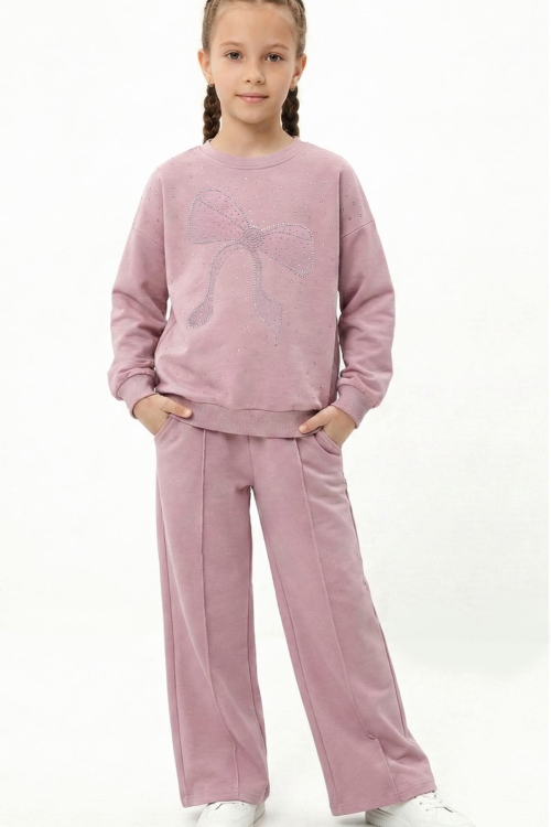 Kız Çocuk Taş Süslemeli Fiyonk Desenli 2 İplik Alt-Üst Takım 4-12 Yaş 12512