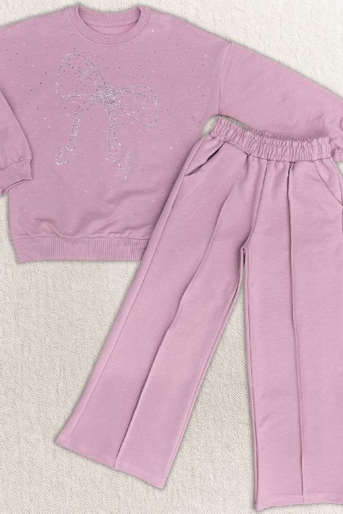 Kız Çocuk Taş Süslemeli Fiyonk Desenli 2 İplik Alt-Üst Takım 4-12 Yaş 12512