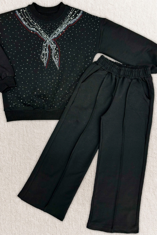 Kız Çocuk Taş Süslemeli Fular Desenli 2 İplik Alt-Üst Takım 4-12 Yaş 12511