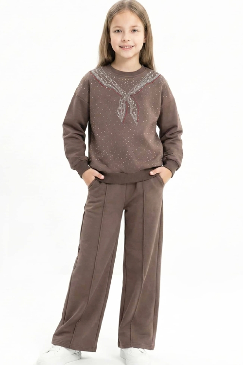 Kız Çocuk Taş Süslemeli Fular Desenli 2 İplik Alt-Üst Takım 4-12 Yaş 12511
