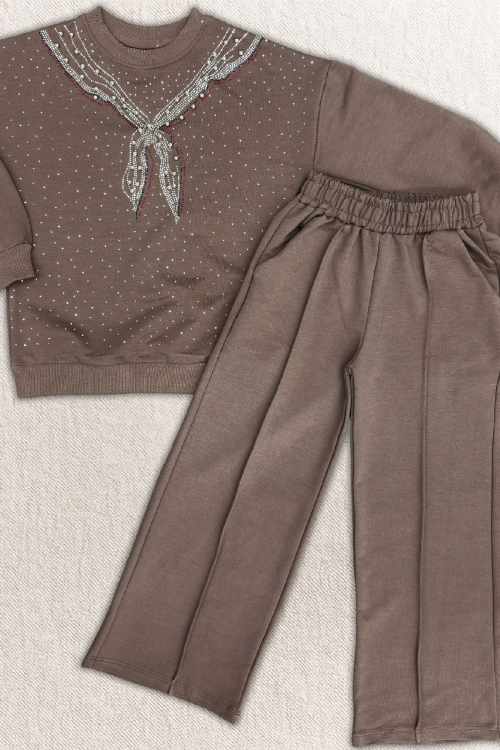 Kız Çocuk Taş Süslemeli Fular Desenli 2 İplik Alt-Üst Takım 4-12 Yaş 12511