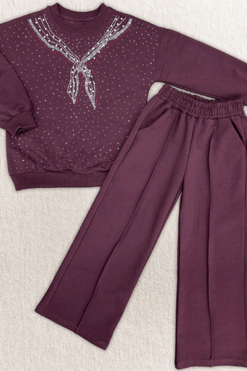 Kız Çocuk Taş Süslemeli Fular Desenli 2 İplik Alt-Üst Takım 4-12 Yaş 12511