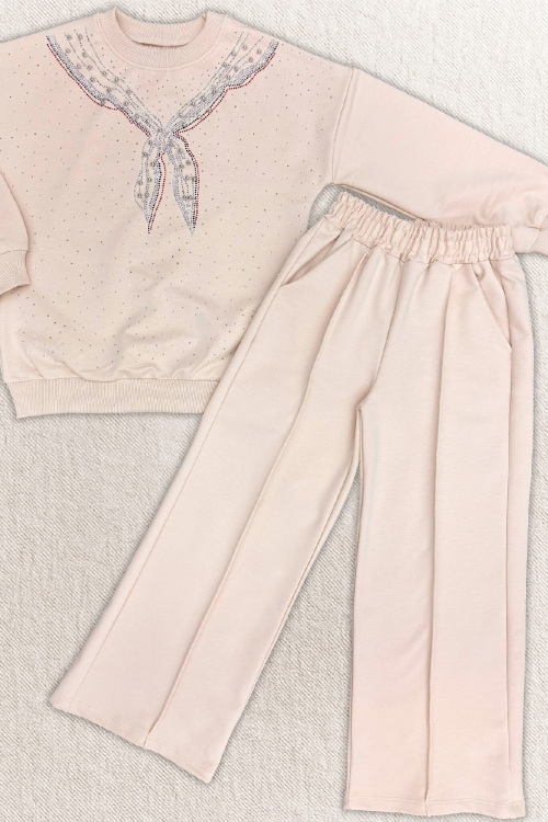 Kız Çocuk Taş Süslemeli Fular Desenli 2 İplik Alt-Üst Takım 4-12 Yaş 12511