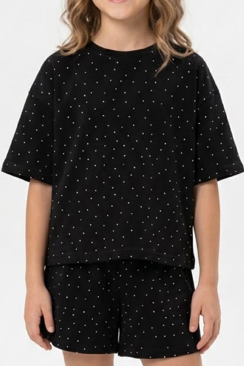 Kız Çocuk Taş Süslemeli Şortlu Alt-Üst Takım 4-12 Yaş 12561