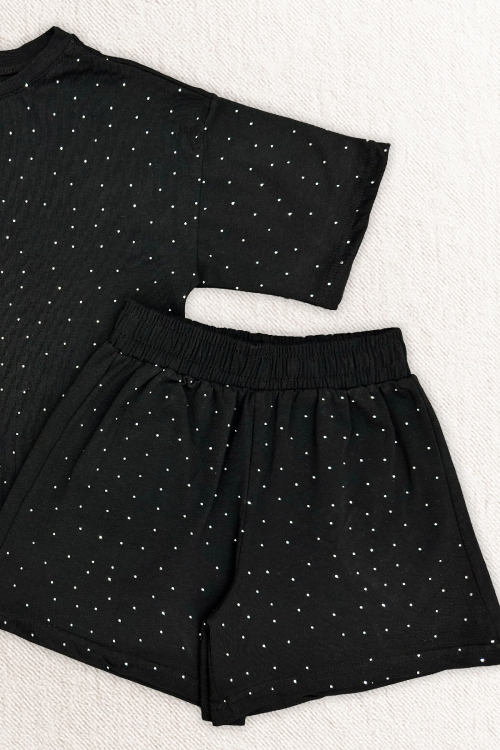Kız Çocuk Taş Süslemeli Şortlu Alt-Üst Takım 4-12 Yaş 12561