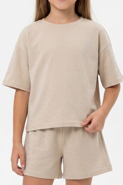 Kız Çocuk Taş Süslemeli Şortlu Alt-Üst Takım 4-12 Yaş 12561