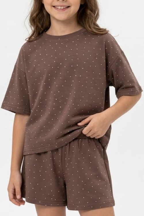 Kız Çocuk Taş Süslemeli Şortlu Alt-Üst Takım 4-12 Yaş 12561