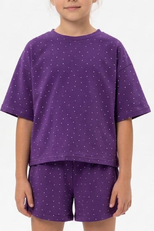 Kız Çocuk Taş Süslemeli Şortlu Alt-Üst Takım 4-12 Yaş 12561