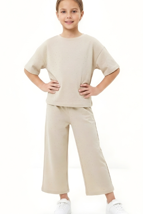 Kız Çocuk Taş Süslemeli Uzun Kaprili Alt-Üst Takım 4-12 Yaş 12566