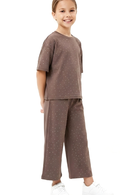 Kız Çocuk Taş Süslemeli Uzun Kaprili Alt-Üst Takım 4-12 Yaş 12566