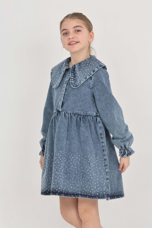Kız Çocuk Taş Süslemeli ve Geniş Yakalı Jean Elbise 12453