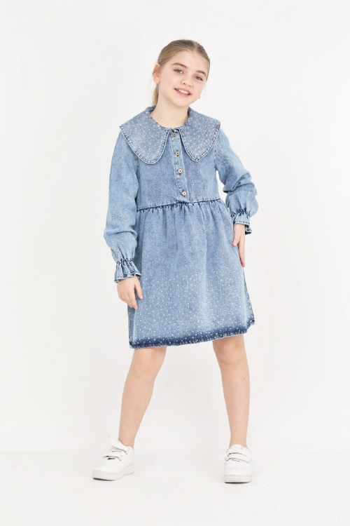 Kız Çocuk Taş Süslemeli ve Geniş Yakalı Jean Elbise 12453