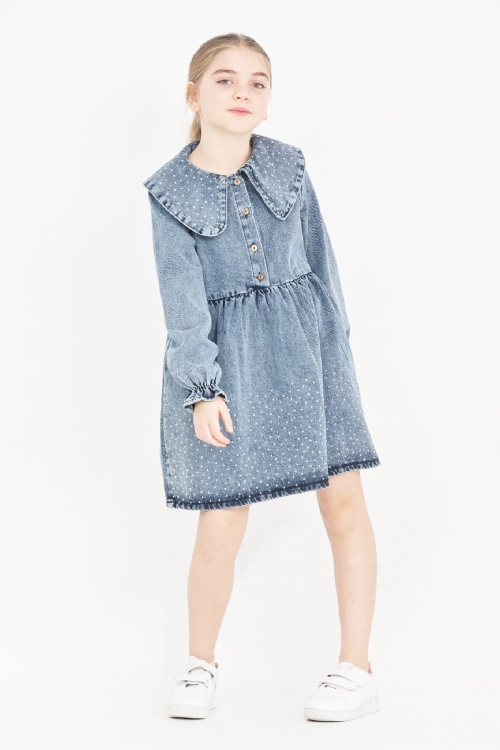 Kız Çocuk Taş Süslemeli ve Geniş Yakalı Jean Elbise 12453