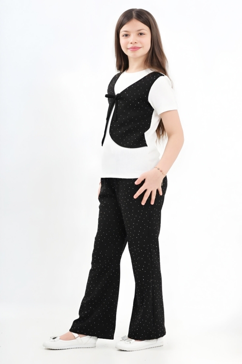 Kız Çocuk Taş Süslemeli ve Yelek Detaylı Alt -Üst Takım 7-12 Yaş 12572