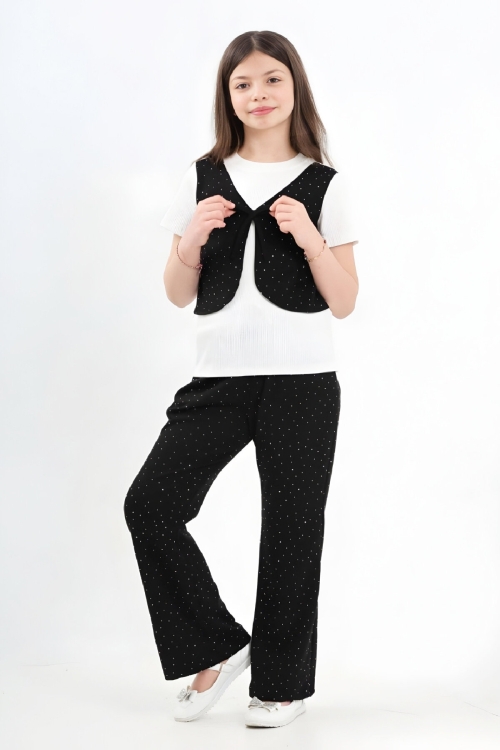 Kız Çocuk Taş Süslemeli ve Yelek Detaylı Alt -Üst Takım 7-12 Yaş 12572