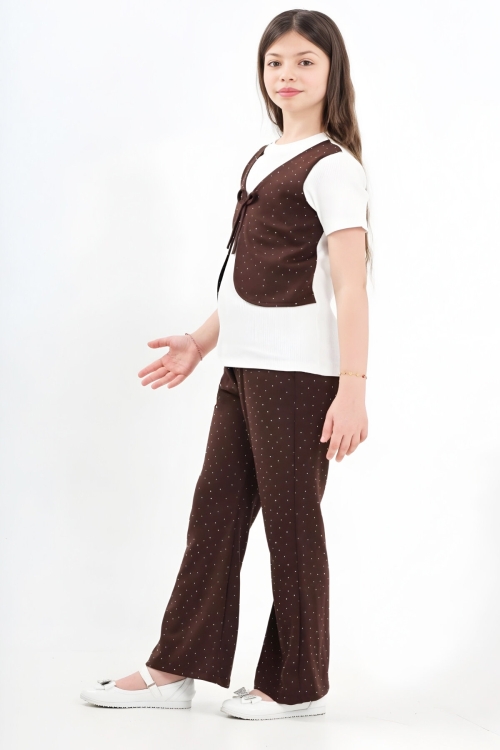 Kız Çocuk Taş Süslemeli ve Yelek Detaylı Alt -Üst Takım 7-12 Yaş 12572