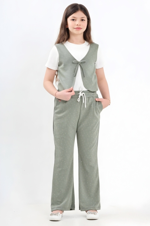 Kız Çocuk Taş Süslemeli ve Yelek Detaylı Alt -Üst Takım 7-12 Yaş 12572