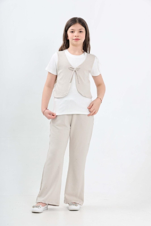 Kız Çocuk Taş Süslemeli ve Yelek Detaylı Alt -Üst Takım 7-12 Yaş 12572