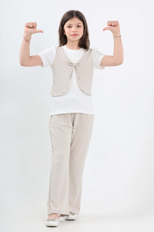 Kız Çocuk Taş Süslemeli ve Yelek Detaylı Alt -Üst Takım 7-12 Yaş 12572