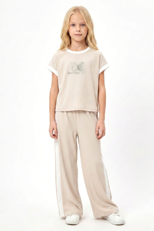 Kız Çocuk Taşlı Kelebek Baskılı-Biye Detaylı Alt-Üst Takım 4-12 Yaş 12547