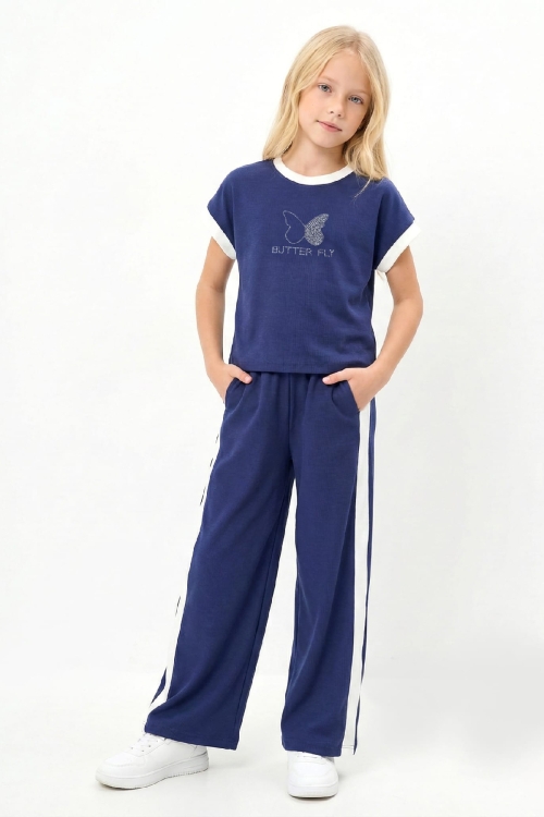 Kız Çocuk Taşlı Kelebek Baskılı-Biye Detaylı Alt-Üst Takım 4-12 Yaş 12547