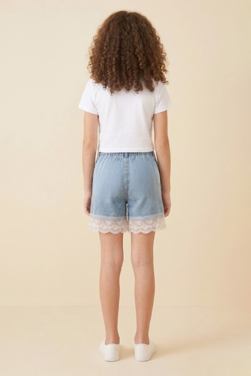 Kız Çocuk Tül Dantelli Ve Beli Lastikli Jean Şort 2-12 Yaş 12674SK