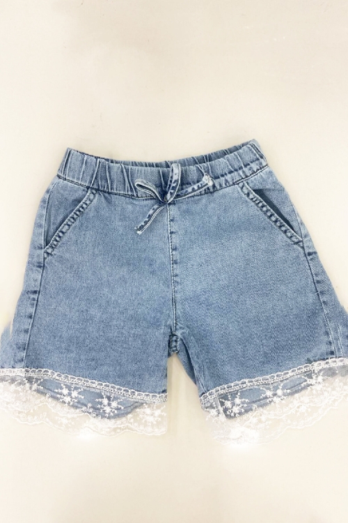 Kız Çocuk Tül Dantelli Ve Beli Lastikli Jean Şort 2-12 Yaş 12674SK