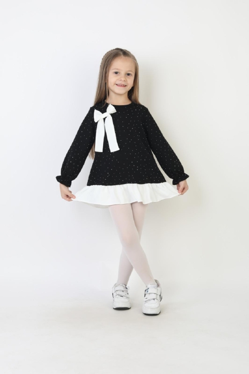 Kız Çocuk Tunik Tarz Elbise Taş Süslemeli ve Fiyonklu  4-9 Yaş 12510