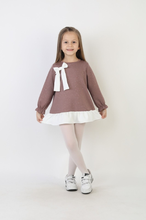 Kız Çocuk Tunik Tarz Elbise Taş Süslemeli ve Fiyonklu  4-9 Yaş 12510