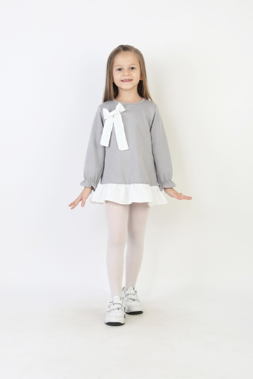 Kız Çocuk Tunik Tarz Elbise Taş Süslemeli ve Fiyonklu  4-9 Yaş 12510