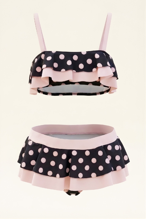 Kız Çocuk Volan Detaylı Ve Puantiye Desenli Mayo Takımı 8-12 Yaş 12599B