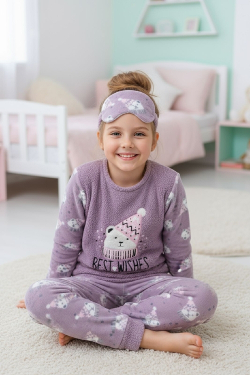 Kız Çocuk Welsoft Kumaş-Göz Bantlı ve Kardan Adam Temalı Pijama Takımı 12439