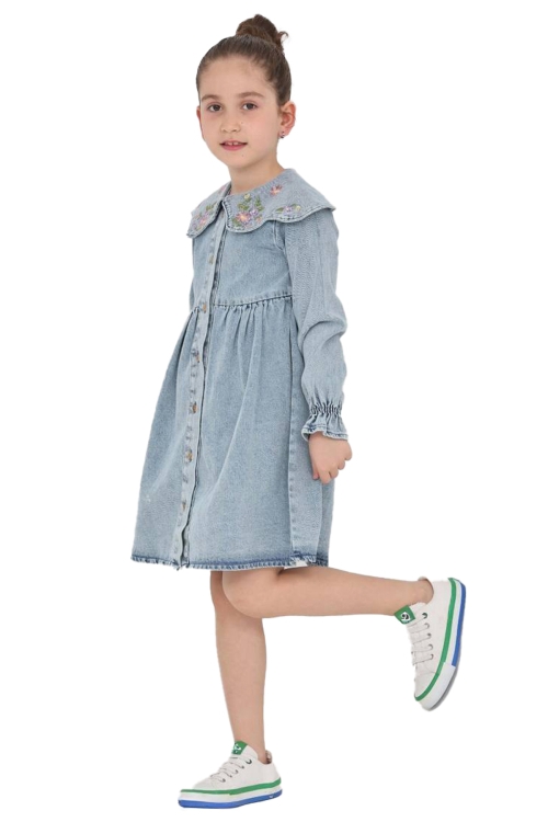 Kız Çocuk Yaka Detaylı ve Boydan Düğmeli Jean Elbise 12339