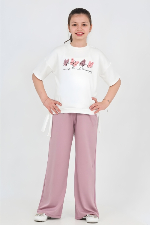 Kız Çocuk Yanları Bağlama Kuşaklı Alt-Üst Takım 7-12 Yaş 12644BLT