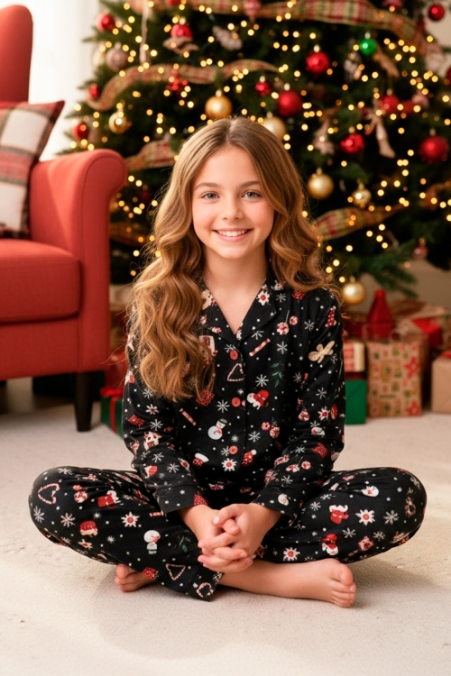 Kız Çocuk Yeni Yıl Temalı Pijama Takımı-%100 Pamuk Süet -12450