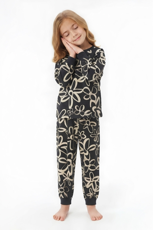 %100 Pamuk ve Baskılı Kız Çocuk Pijama Takımı 3-8 Yaş 12740IS