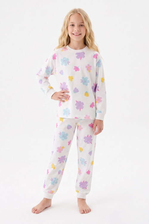 %100 Pamuk ve Baskılı Kız Çocuk Pijama Takımı 8-13 Yaş 12739IS