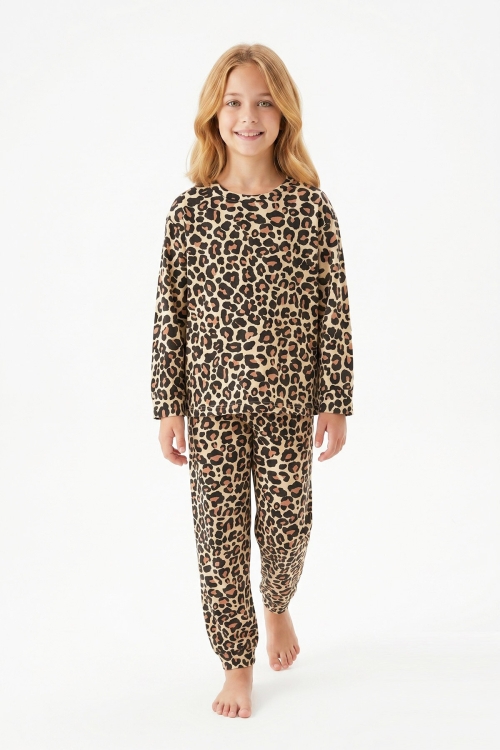 Kız Çocuk %100 Pamuk ve Rotasyon Desenli Pijama Takımı 3-8 Yaş 12743IS