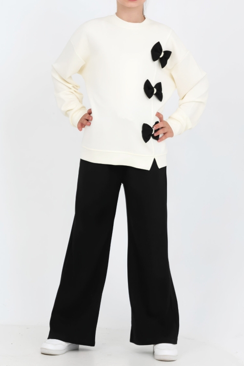 Kız Çocuk 3 Fiyonk Süslemeli Alt-Üst Takım 7-12 Yaş 12778BLT