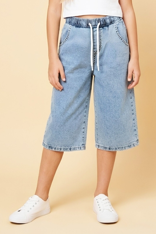 Kız Çocuk Beli Lastikli Ve Kordonlu Kapri Jean Pantolon 5-15 Yaş 12719SK