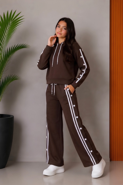 Kız Çocuk Çıtçıtlı+Kapüşonlu+Double Face Kumaş Alt-Üst Takım 5-15 Yaş 12765SK