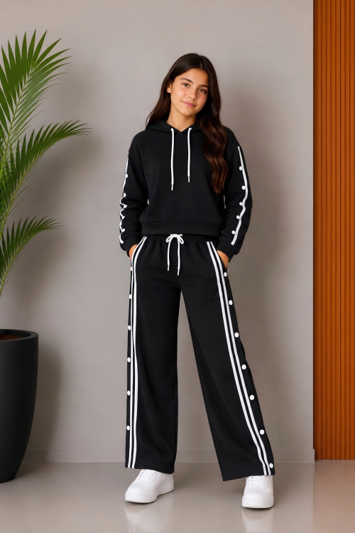 Kız Çocuk Çıtçıtlı+Kapüşonlu+Double Face Kumaş Alt-Üst Takım 5-15 Yaş 12765SK