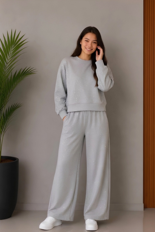 Kız Çocuk Sim Taşlı+Double Face Kumaş Alt-Üst Takım 5-15 Yaş 12767SK
